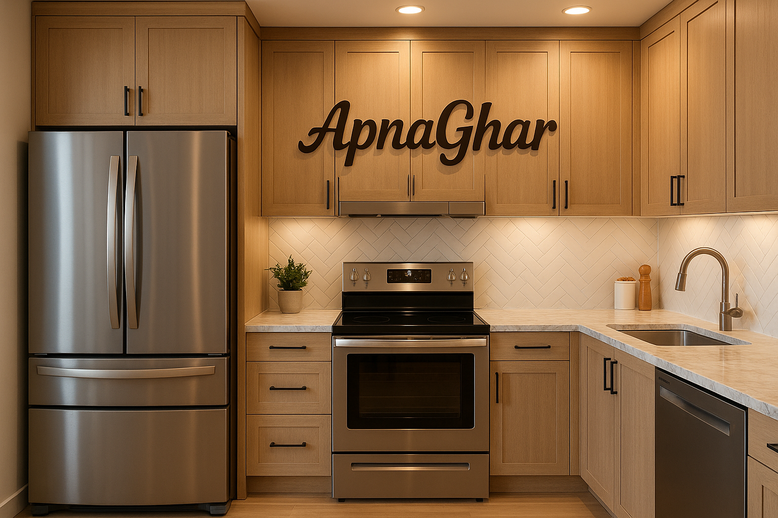 a beautiful kitchen with kitchen appliances and on wall theres our store name is there which is ApnaGhar